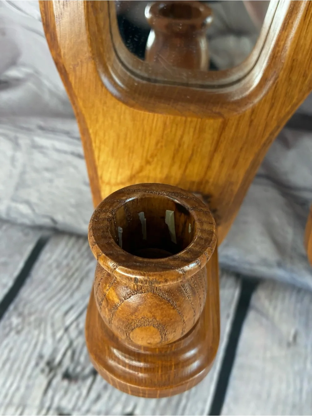2 Vtg Americana Cottagecore Oak Wood Mirror Taper Candle Wall Sconces Grannycore